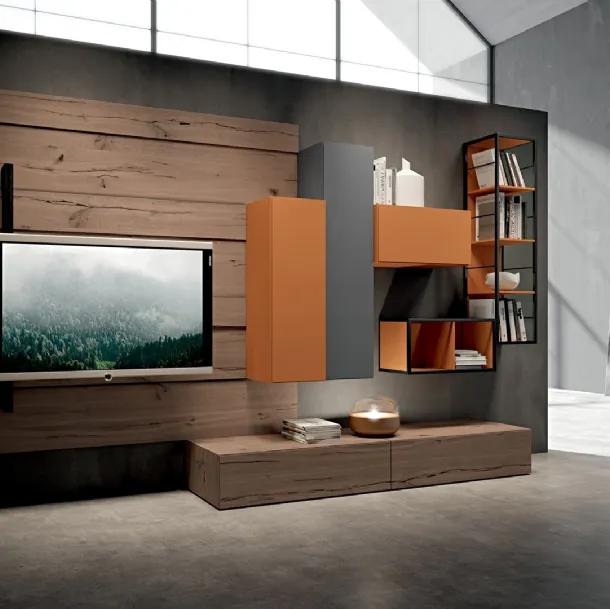 Rebel R 04 Wall Unit in Oak and Matte Cement and Brick Lacquered by Fimar