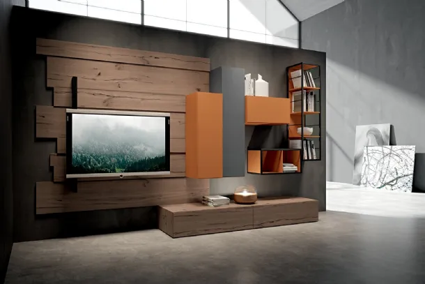 Rebel R 04 Wall Unit in Oak and Matte Cement and Brick Lacquered by Fimar