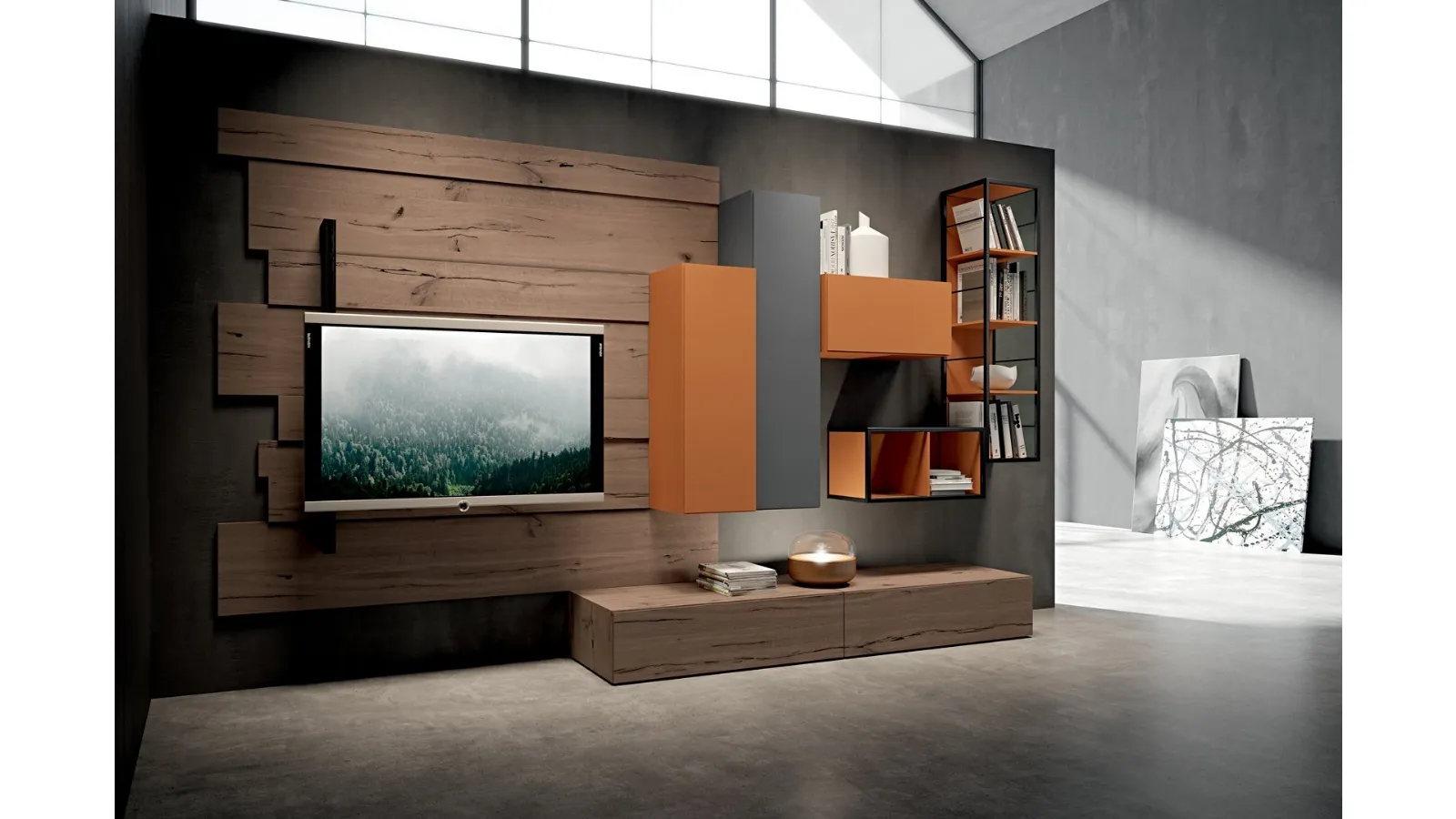 Rebel R 04 Wall Unit in Oak and Matte Cement and Brick Lacquered by Fimar