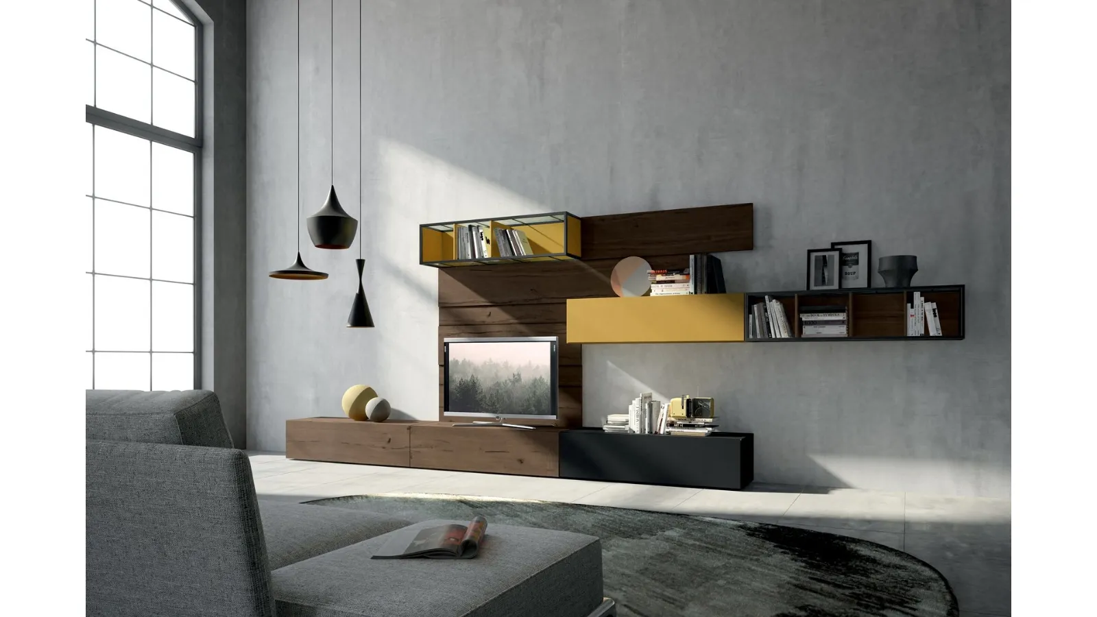 Rebel R 05 Wall Unit in Oak and Matte Lacquered by Fimar