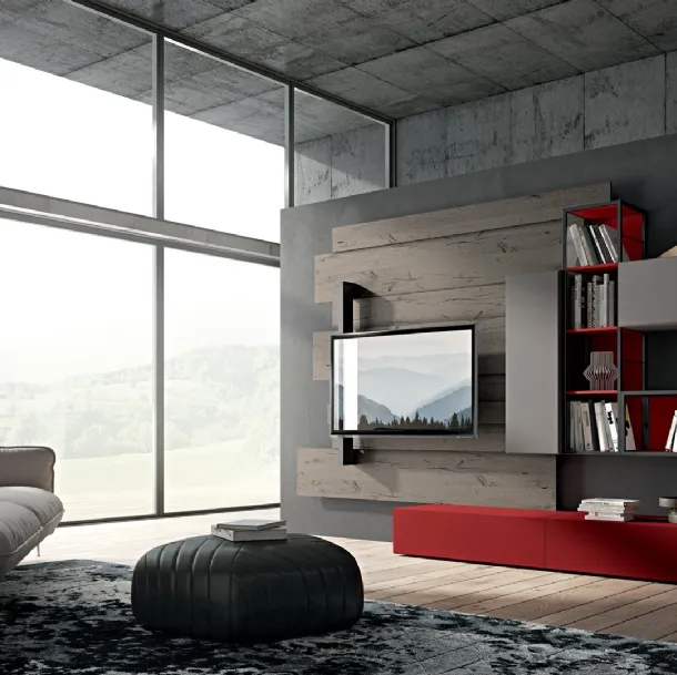 Rebel R 06 Wall Unit in matte ash lacquer and red and oak by Fimar