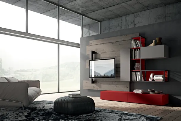 Rebel R 06 Wall Unit in matte ash lacquer and red and oak by Fimar