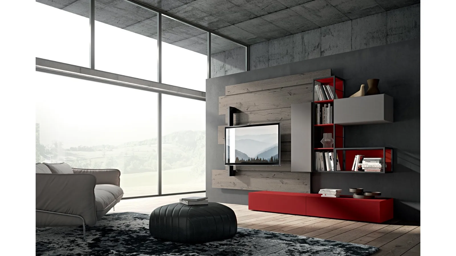 Rebel R 06 Wall Unit in matte ash lacquer and red and oak by Fimar