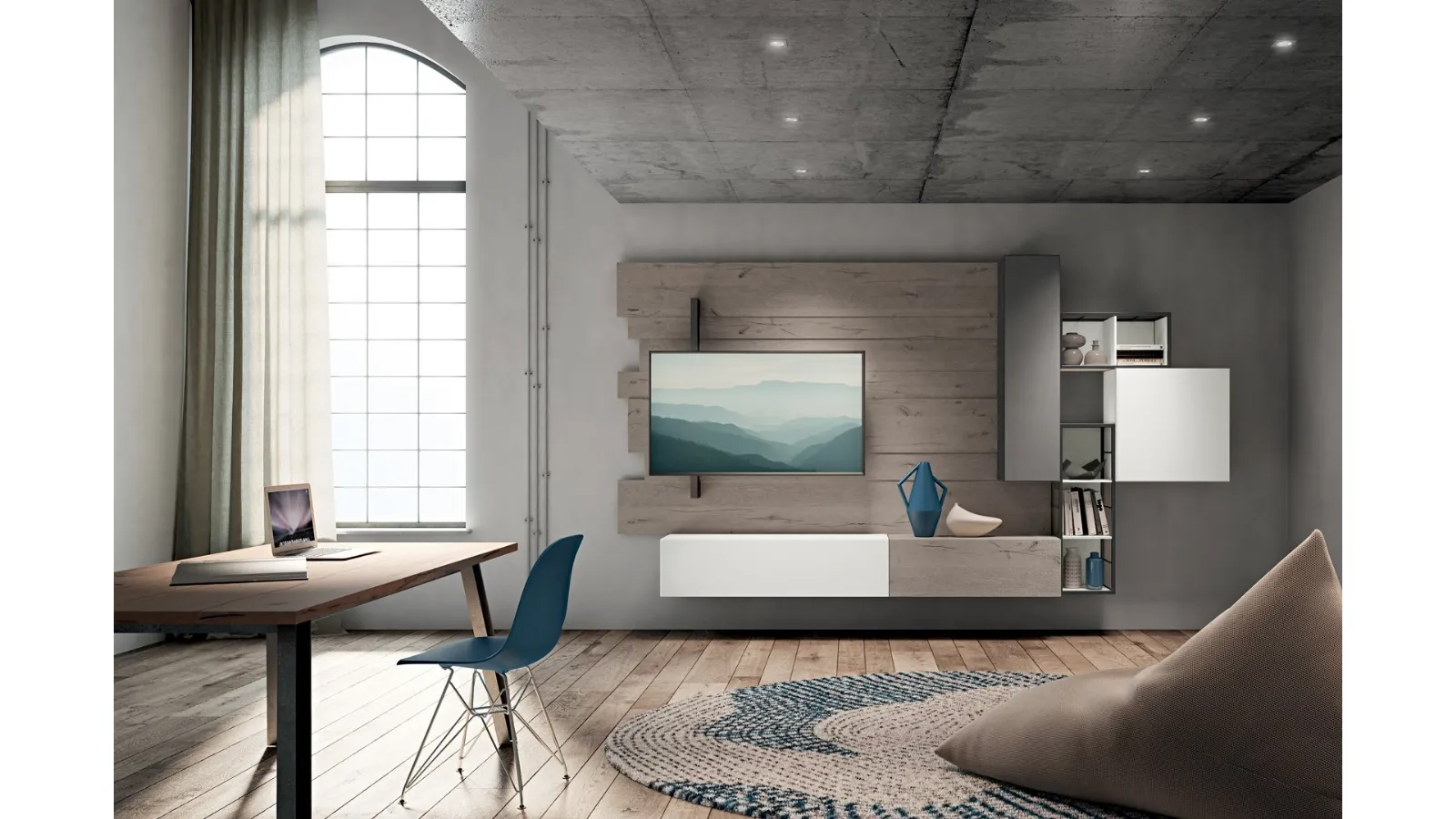 Rebel R 07 Wall Unit in Oak and Matte Lacquered Ash and Winter by Fimar