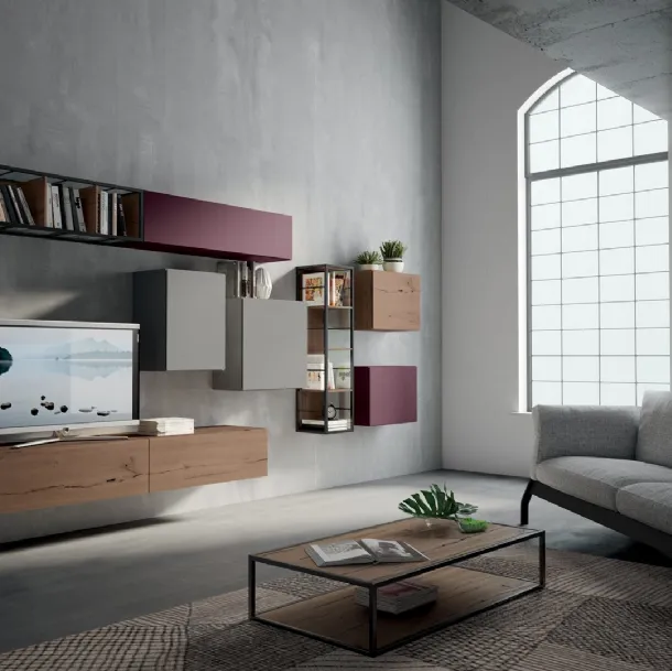 Rebel R 08 Wall Unit in Oak and Matte Lacquered Ash and Gentian by Fimar