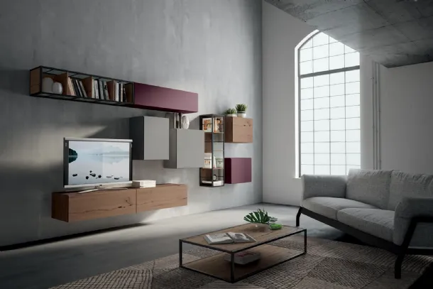 Rebel R 08 Wall Unit in Oak and Matte Lacquered Ash and Gentian by Fimar