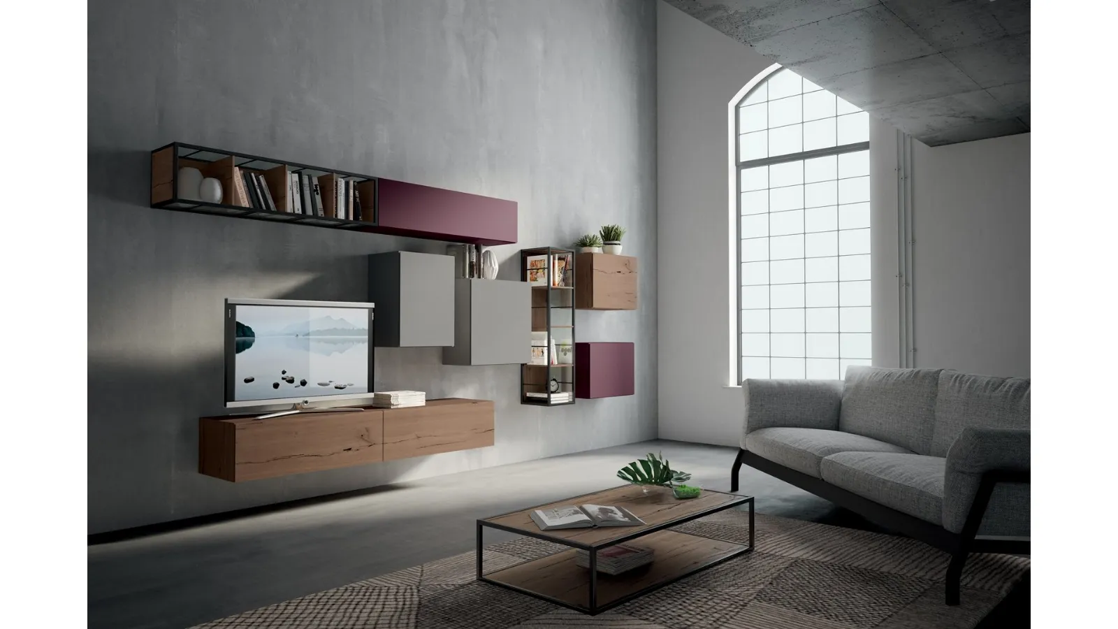 Rebel R 08 Wall Unit in Oak and Matte Lacquered Ash and Gentian by Fimar