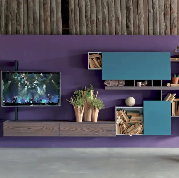 Suspended wall unit in lead elm finish, lacquered in avio and matte stone Side 01 by Fimar