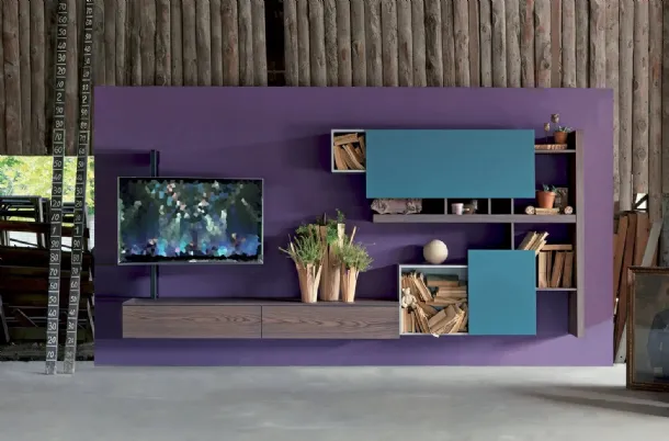 Suspended wall unit in lead elm finish, lacquered in avio and matte stone Side 01 by Fimar