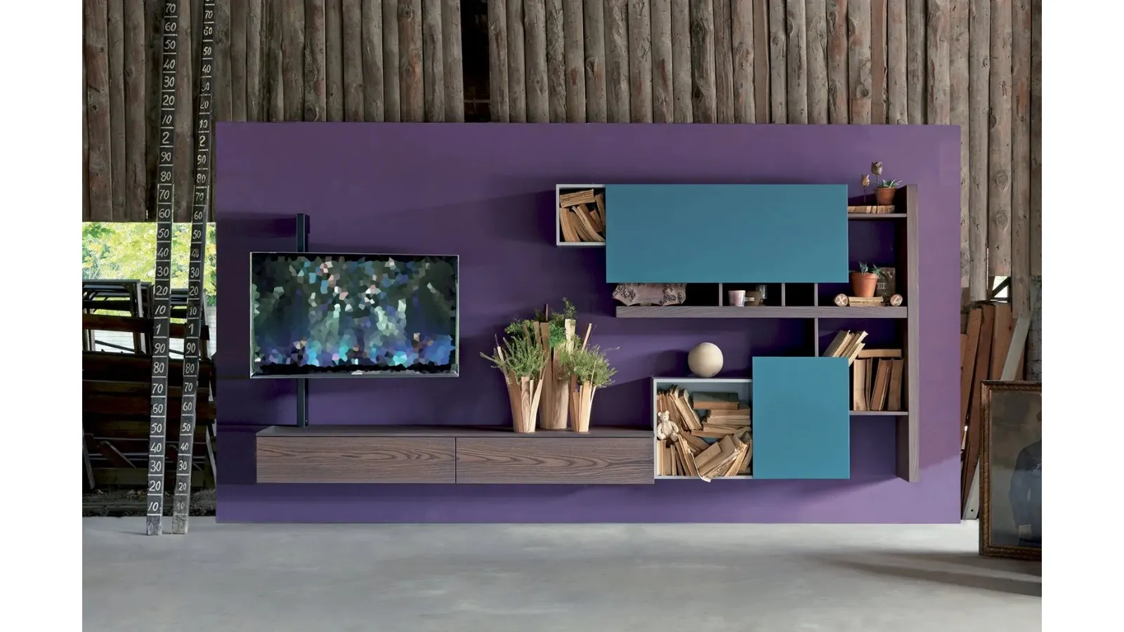 Suspended wall unit in lead elm finish, lacquered in avio and matte stone Side 01 by Fimar