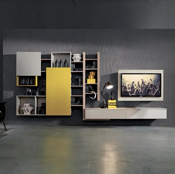 Suspended Side 02 wall unit in zinc elm finish, lacquered matte pumice and mango yellow by Fimar