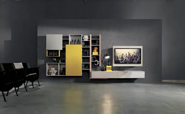 Suspended Side 02 wall unit in zinc elm finish, lacquered matte pumice and mango yellow by Fimar