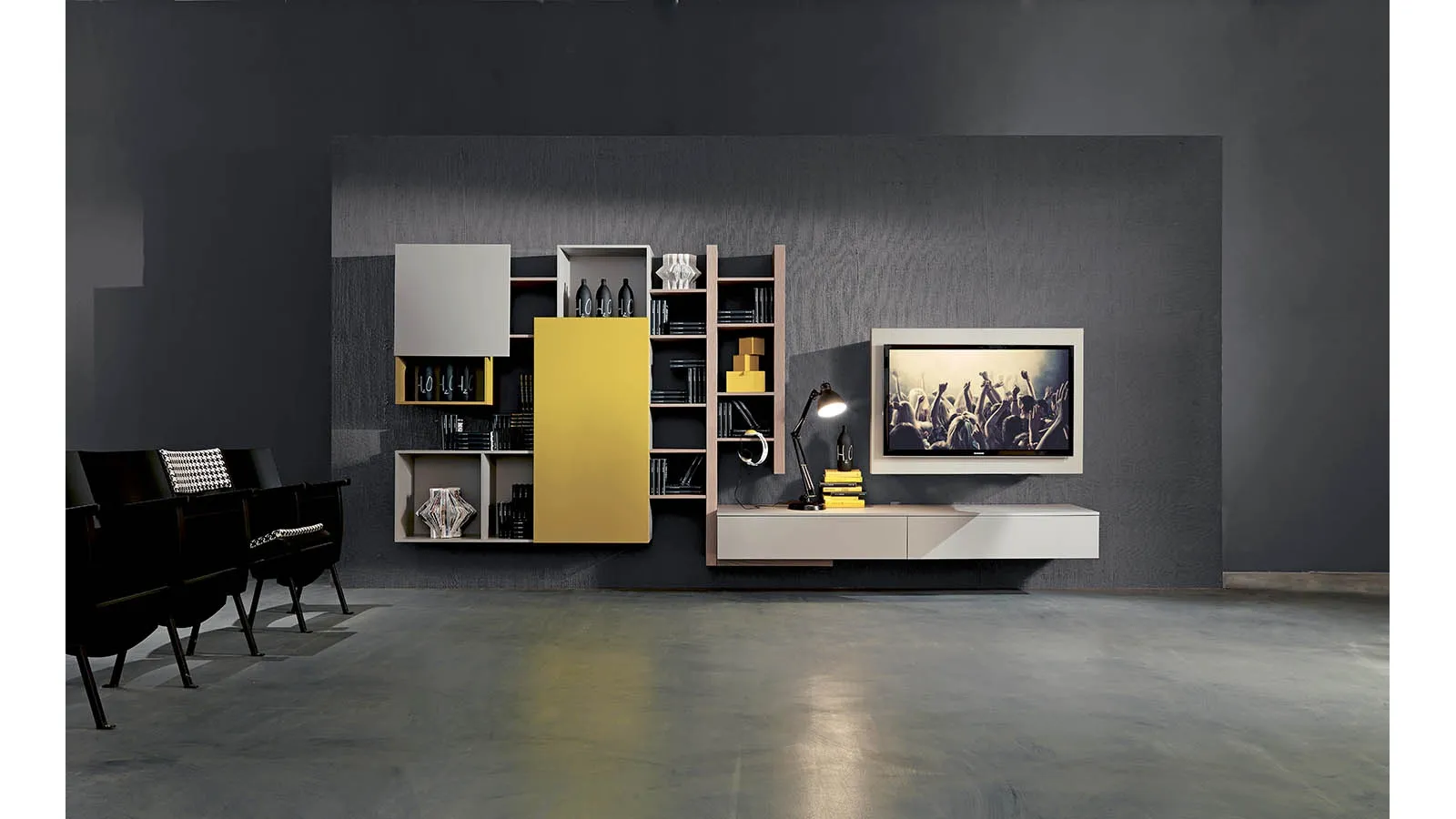 Suspended Side 02 wall unit in zinc elm finish, lacquered matte pumice and mango yellow by Fimar