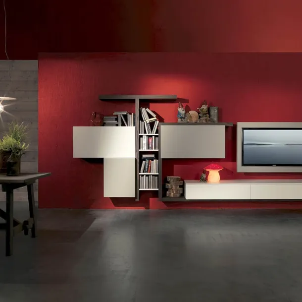 Suspended Side 03 wall unit in rust elm finish, matte pumice lacquer and winter by Fimar