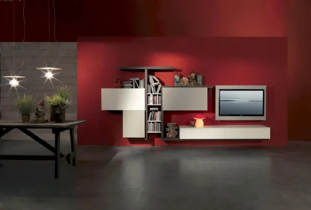 Suspended Side 03 wall unit in rust elm finish, matte pumice lacquer and winter by Fimar