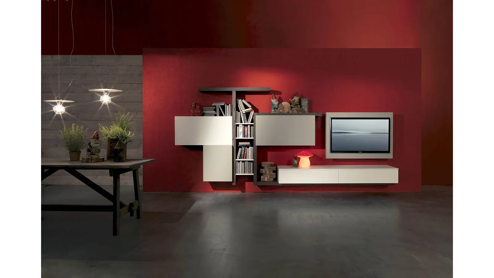 Suspended Side 03 wall unit in rust elm finish, matte pumice lacquer and winter by Fimar
