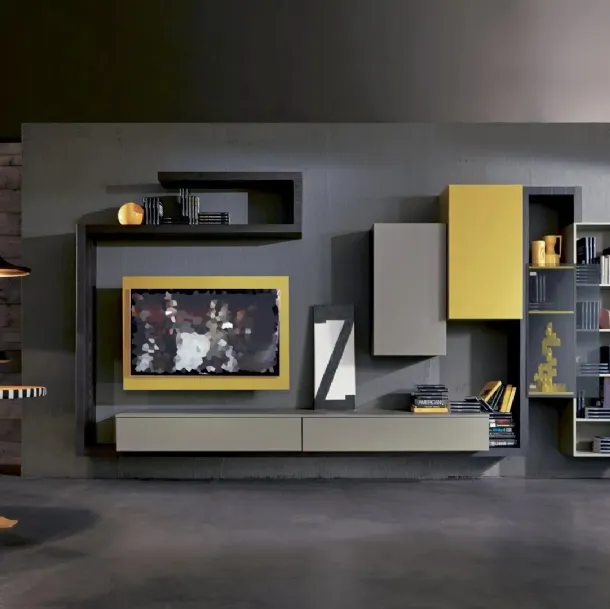 Suspended Side 05 wall unit in lava elm finish, matte clay and mustard lacquer by Fimar