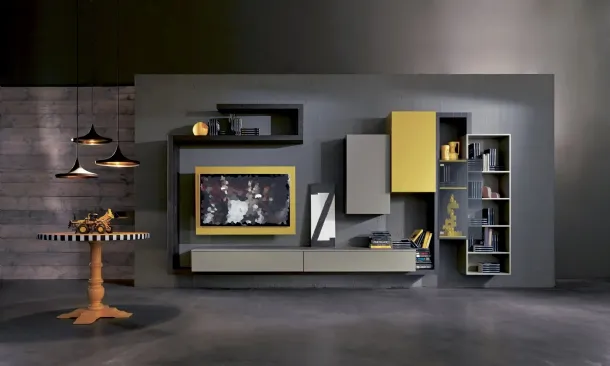 Suspended Side 05 wall unit in lava elm finish, matte clay and mustard lacquer by Fimar
