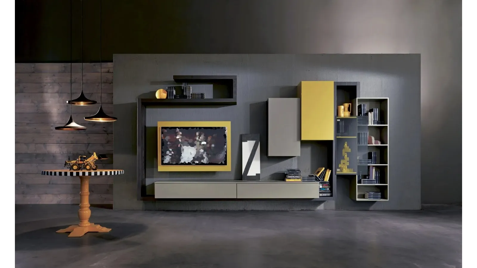Suspended Side 05 wall unit in lava elm finish, matte clay and mustard lacquer by Fimar