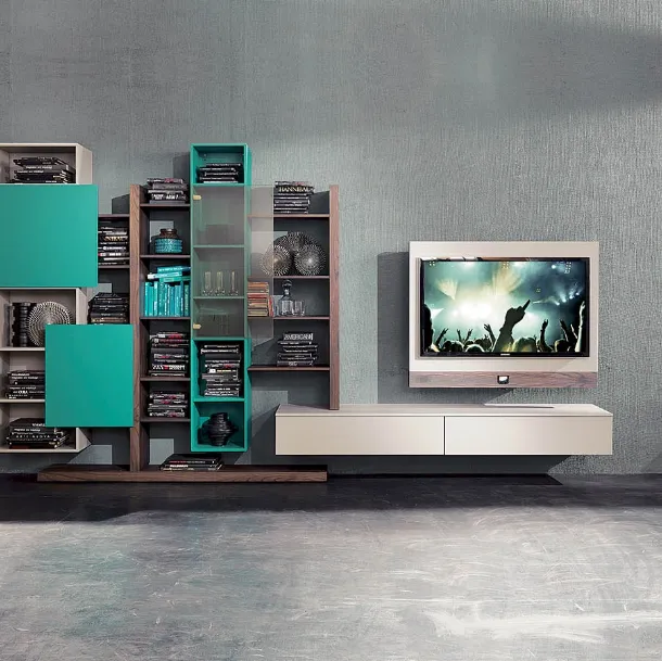 Side 06 Wall Unit in rust elm finish, lacquered pumice and matte emerald lacquered doors by Fimar