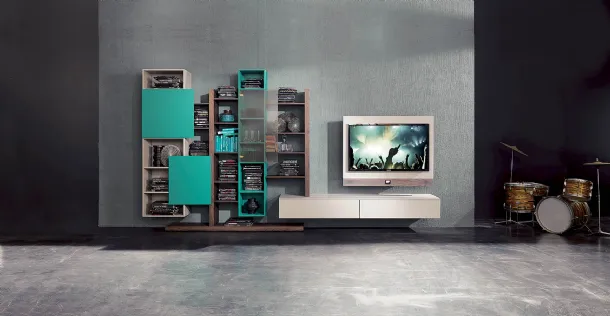 Side 06 Wall Unit in rust elm finish, lacquered pumice and matte emerald lacquered doors by Fimar