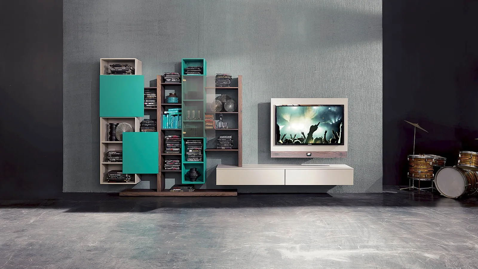 Side 06 Wall Unit in rust elm finish, lacquered pumice and matte emerald lacquered doors by Fimar