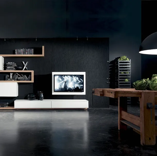Wall unit with swivel TV door Side 07 in matte lacquer and Fimar wood