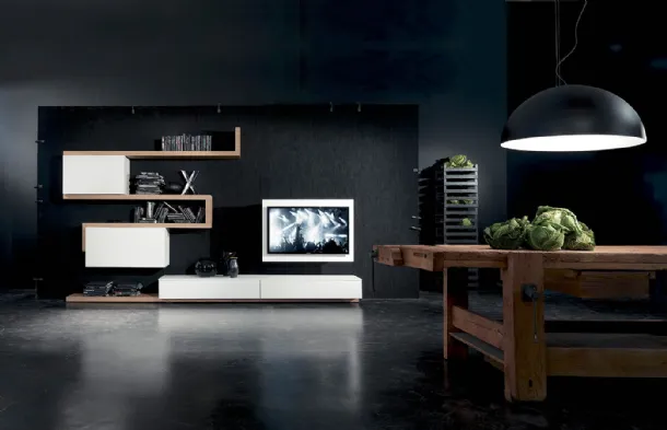 Wall unit with swivel TV door Side 07 in matte lacquer and Fimar wood