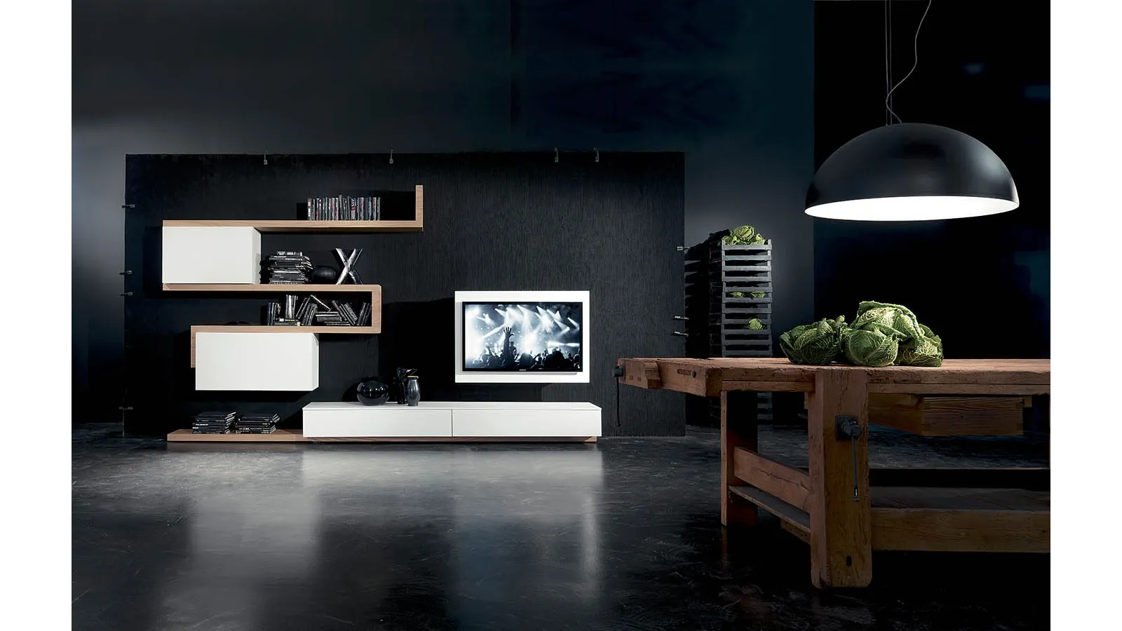 Wall unit with swivel TV door Side 07 in matte lacquer and Fimar wood