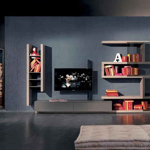Wall unit with swivel TV door Side 08 in matte lacquer and Fimar wood