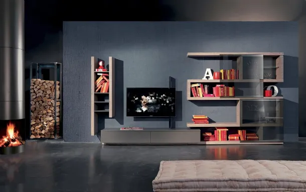 Wall unit with swivel TV door Side 08 in matte lacquer and Fimar wood