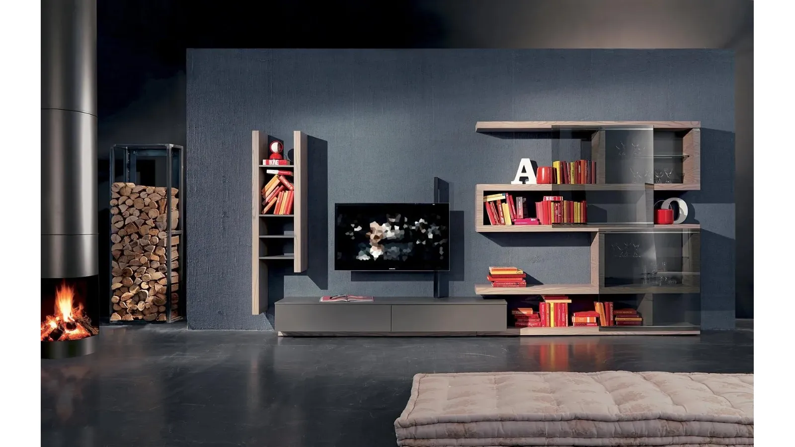 Wall unit with swivel TV door Side 08 in matte lacquer and Fimar wood