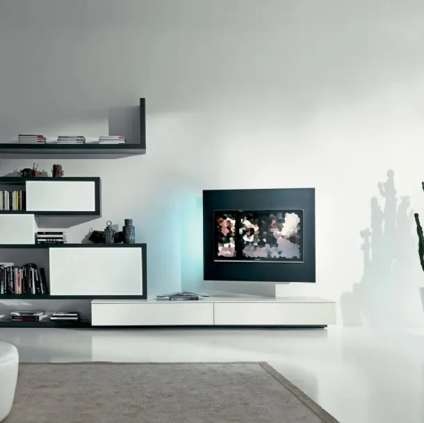 Side 09 Wall Unit in lacquered black and matte winter lacquer finish with frosted lacquered winter glass sliding doors by Fimar