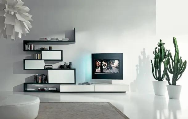 Side 09 Wall Unit in lacquered black and matte winter lacquer finish with frosted lacquered winter glass sliding doors by Fimar
