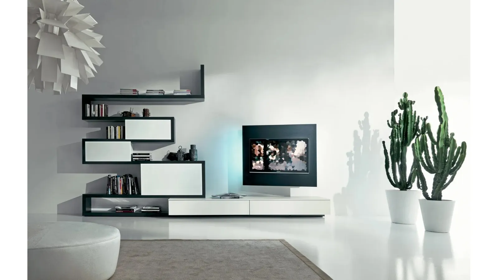 Side 09 Wall Unit in lacquered black and matte winter lacquer finish with frosted lacquered winter glass sliding doors by Fimar