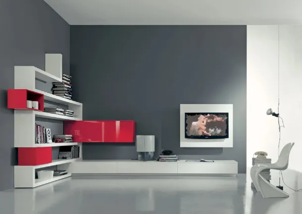 Side 10 Wall Unit in Winter Lacquer and Matte and Glossy Red by Fimar