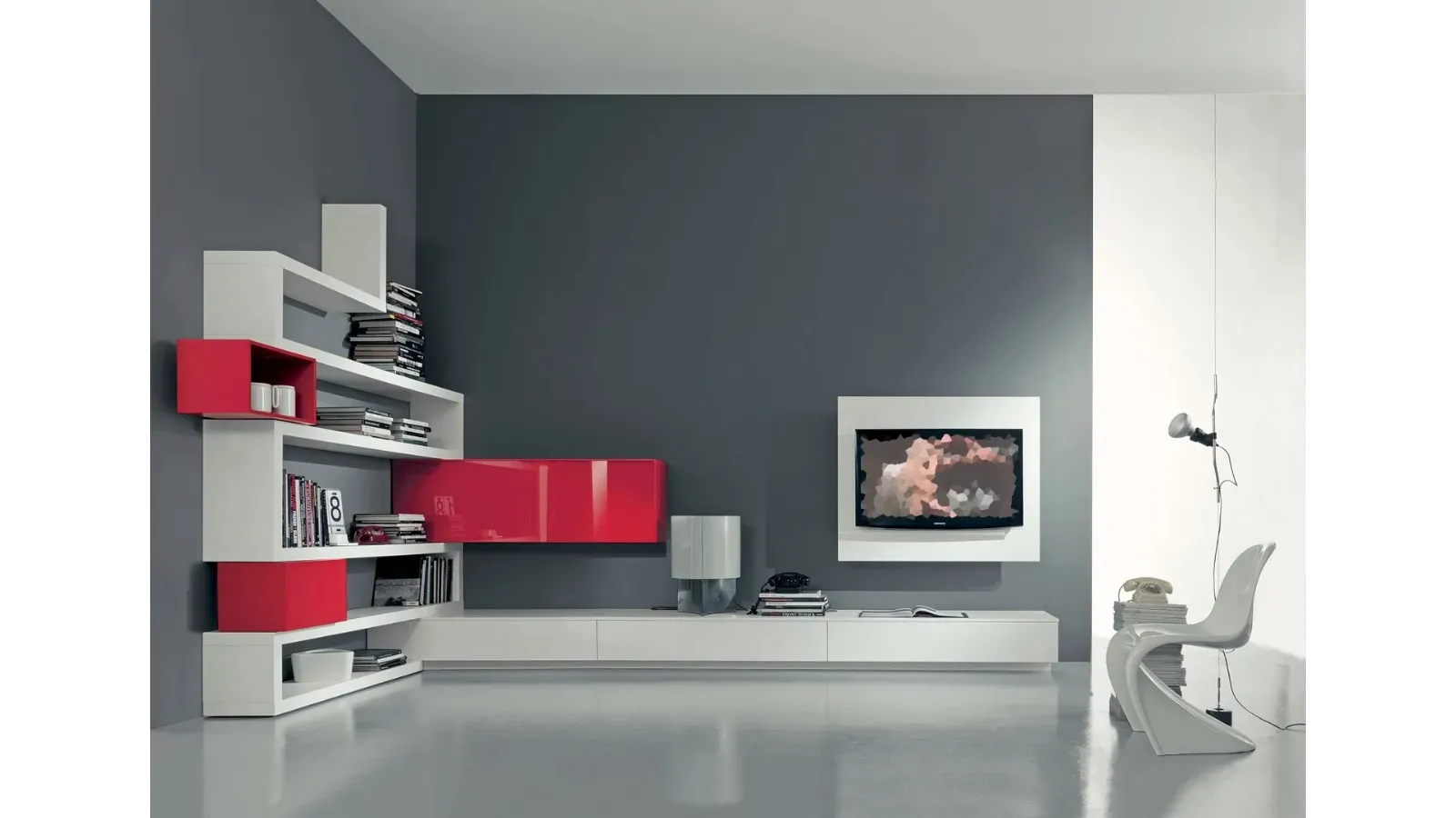 Side 10 Wall Unit in Winter Lacquer and Matte and Glossy Red by Fimar