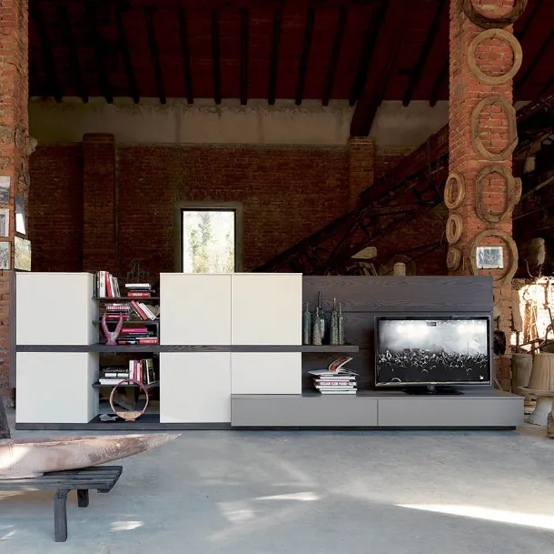 Side 12 Wall Unit in Rust Elm Finish, Matte Cement Lacquer and Rope by Fimar