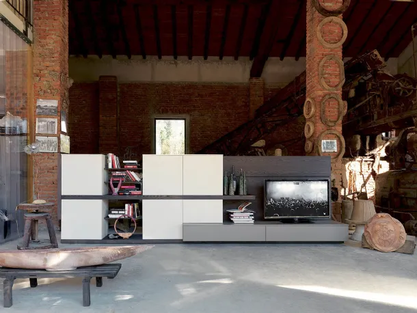 Side 12 Wall Unit in Rust Elm Finish, Matte Cement Lacquer and Rope by Fimar