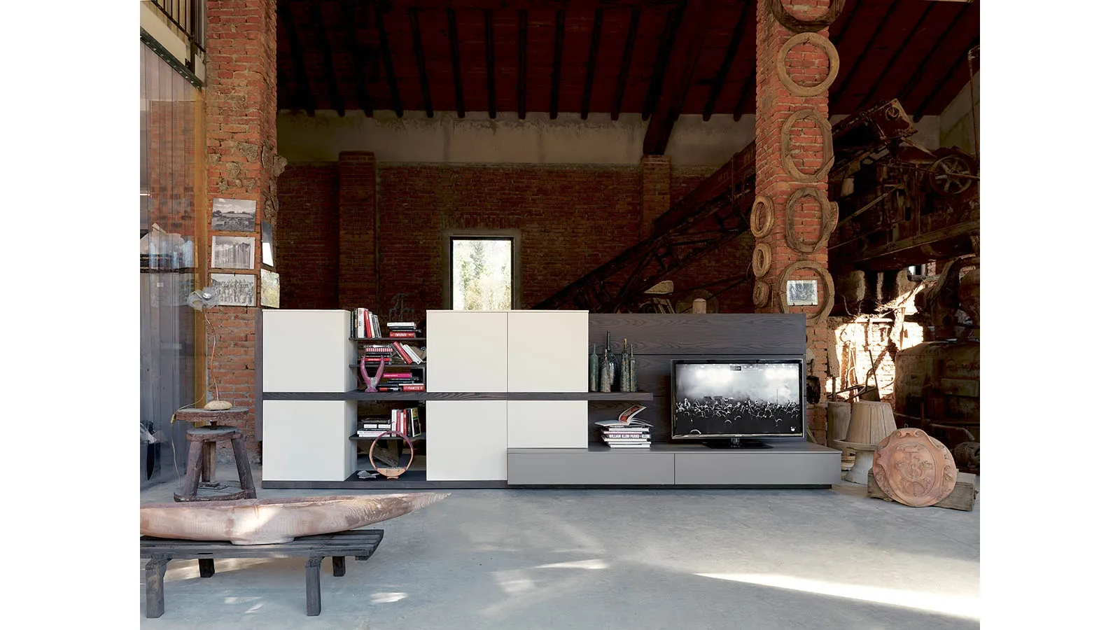 Side 12 Wall Unit in Rust Elm Finish, Matte Cement Lacquer and Rope by Fimar