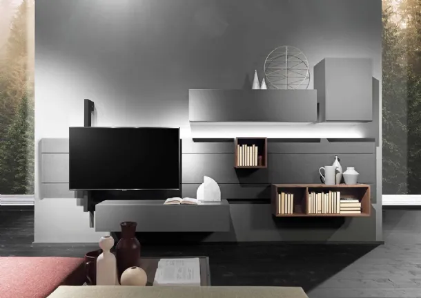 Sorvolo D01 Wall Unit in Lava Stone Finish, Lacquered Iron and Random Walnut by Fimar