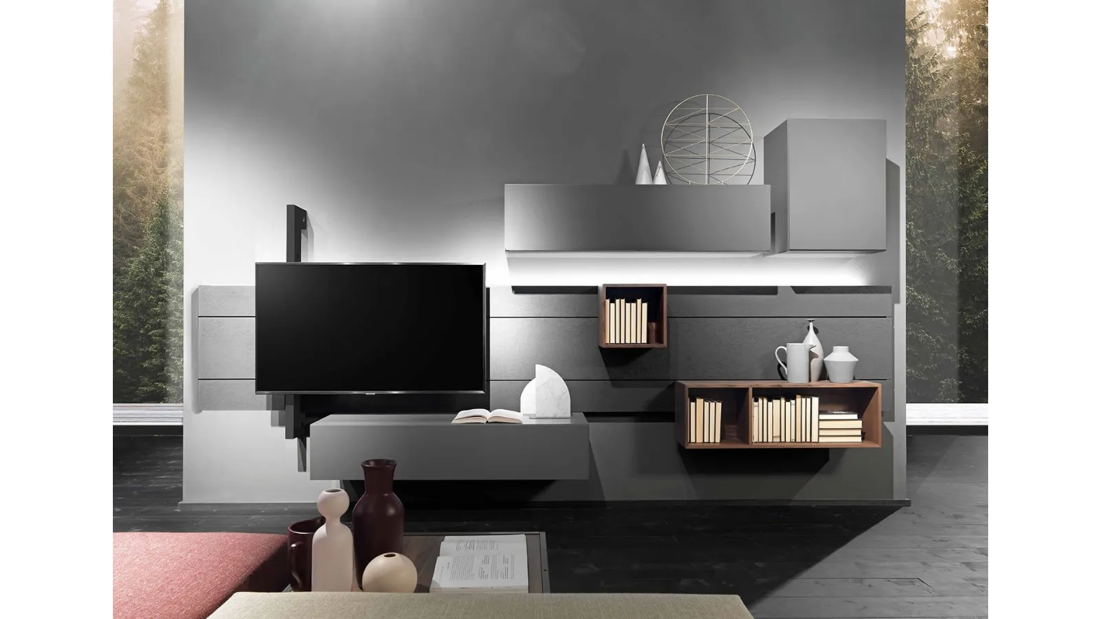 Sorvolo D01 Wall Unit in Lava Stone Finish, Lacquered Iron and Random Walnut by Fimar