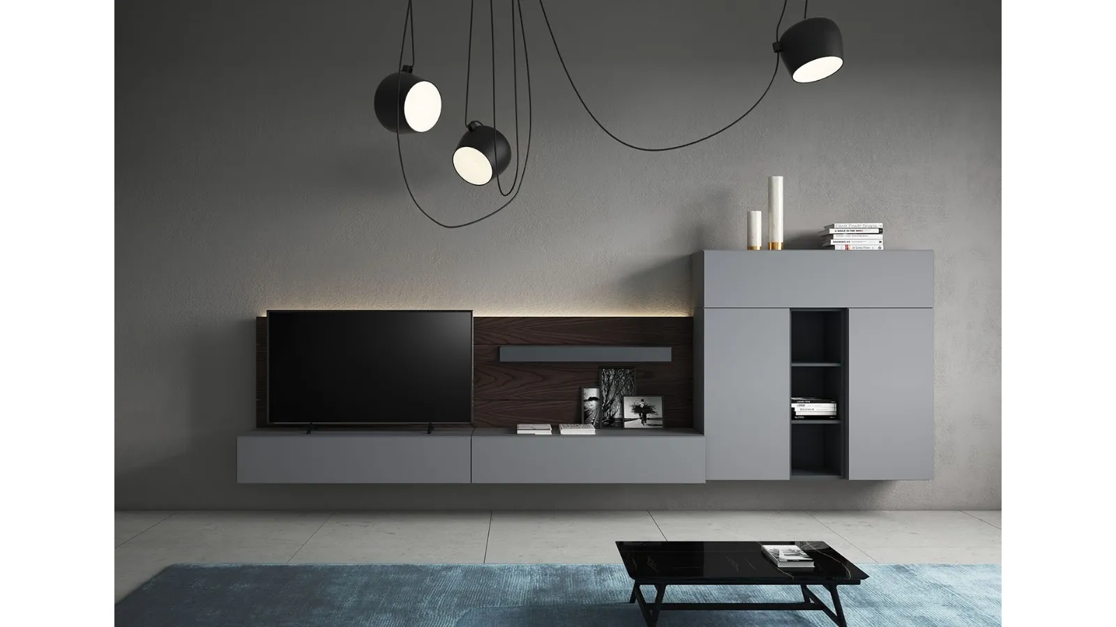 Sorvolo D 02 Wall Unit in pumice lacquer, iron lacquer, and rust elm by Fimar