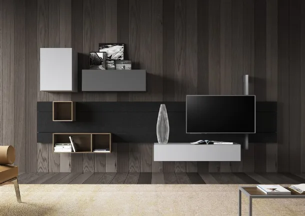 Sorvolo D05 Wall Unit in Visone Lacquered Finish, Iron Lacquered Finish, Random Walnut and Lava Stone Finish by Fimar
