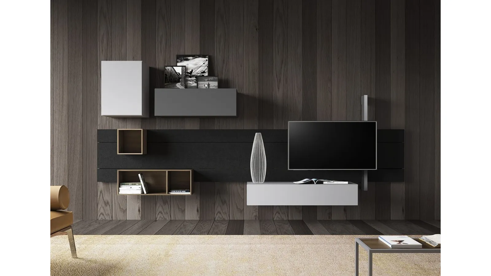 Sorvolo D05 Wall Unit in Visone Lacquered Finish, Iron Lacquered Finish, Random Walnut and Lava Stone Finish by Fimar
