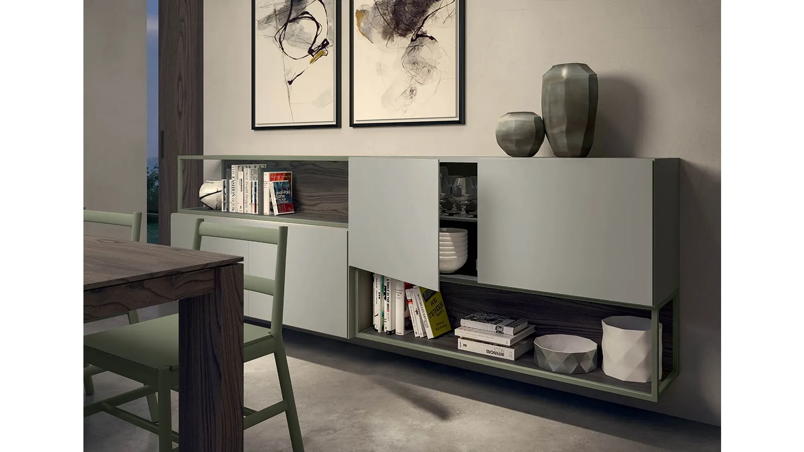Rebel CF 024 suspended cabinet in matte lacquer and Fimar wood