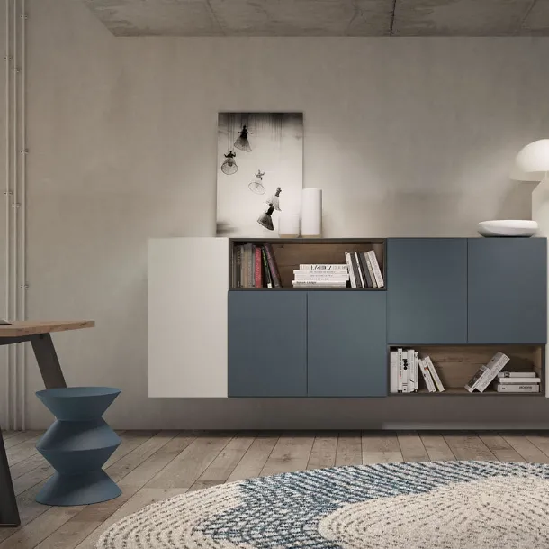 Rebel MR 03 suspended cabinet in matte winter and blue lacquer with oak details by Fimar