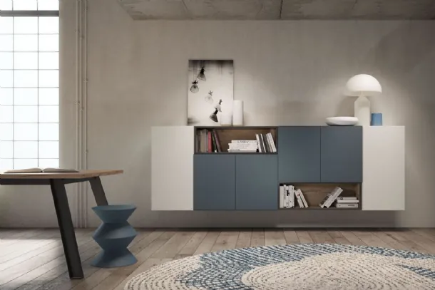 Rebel MR 03 suspended cabinet in matte winter and blue lacquer with oak details by Fimar