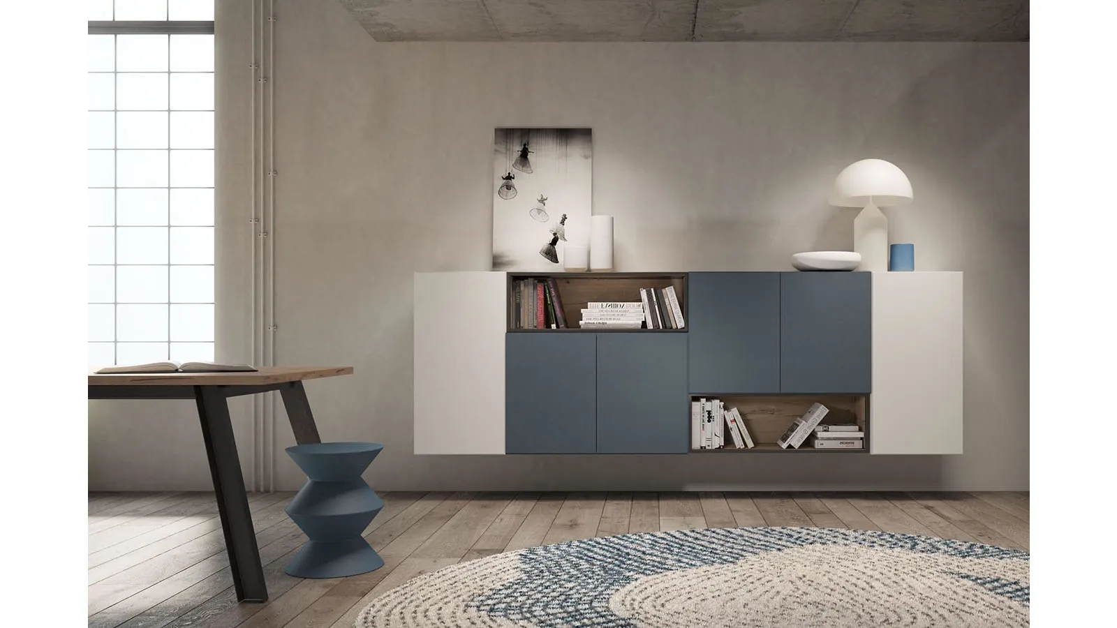 Rebel MR 03 suspended cabinet in matte winter and blue lacquer with oak details by Fimar