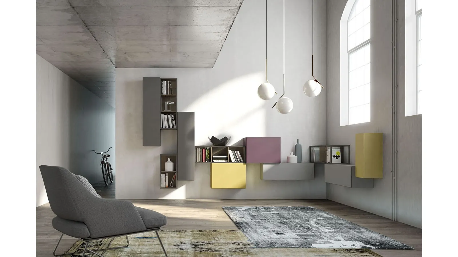 Rebel R10 suspended cabinet in matte lacquer and oak by Fimar